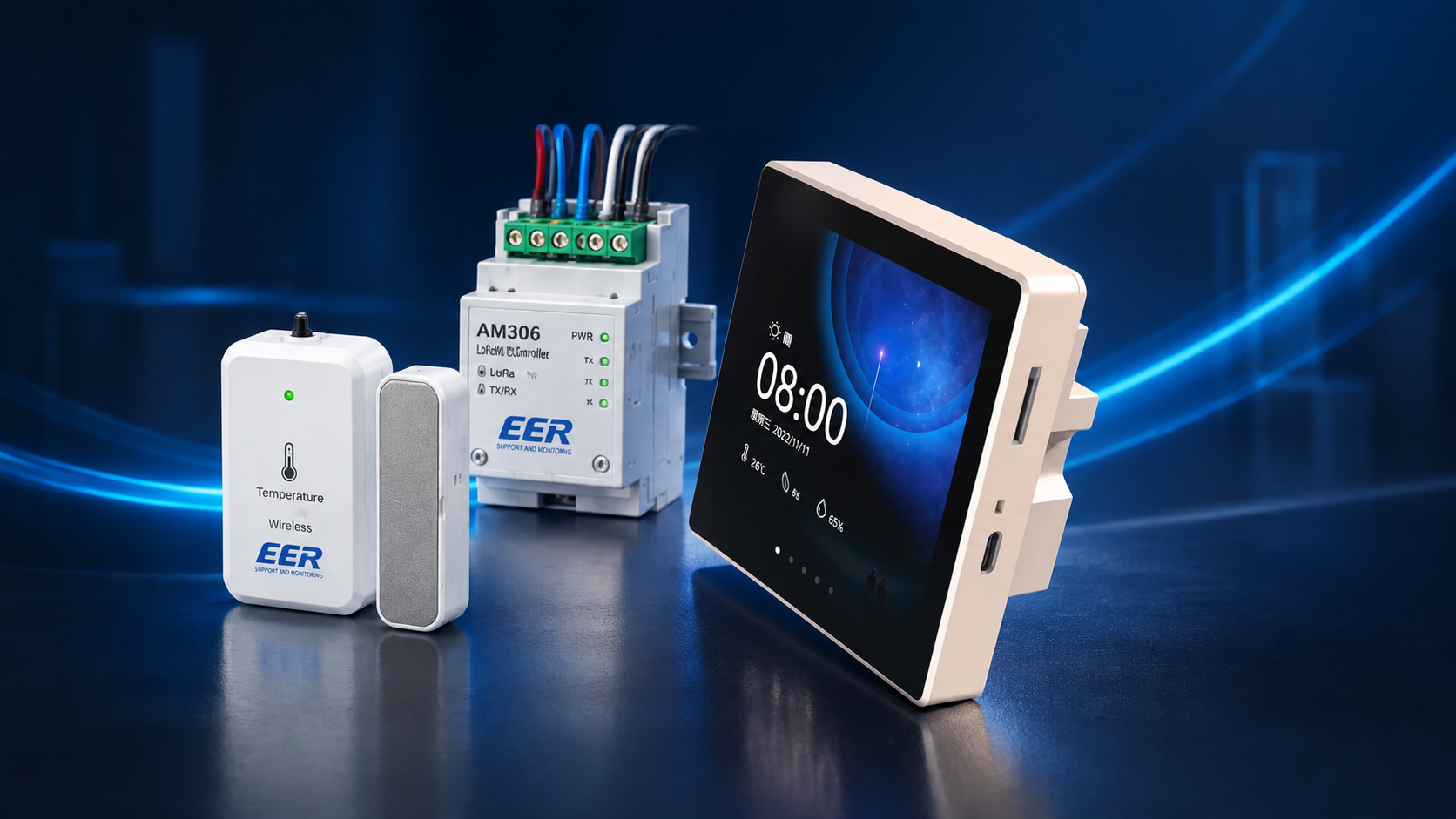 EERMS gateway, temperature and vibration sensor, and monitoring screen